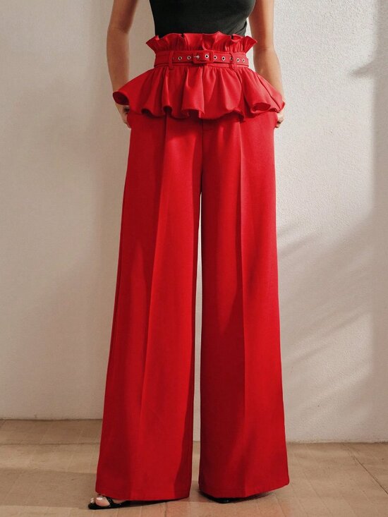 Pants - Red elegant Women's High-Waisted Wide Leg Pants